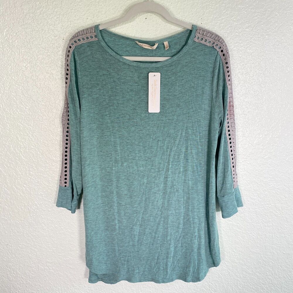 Soft Surroundings Top Women Large Heathered Teal Eyelet Crochet Sleeve Soft NEW